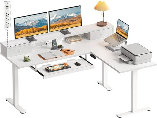 OffiGo L-Shaped Electric Standing Desk - Height Adjustable with Drawers & Monitor Stand | 59 Inch White