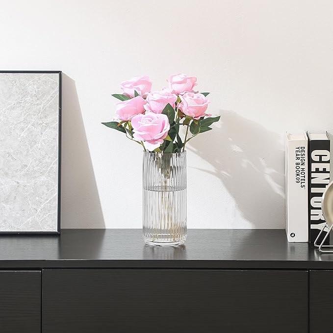 Ribbed Glass Vase, Flower Vases for Bouquet, Clear Glass Vases for Flowers, Modern Ribbed Vase for Living Room, Bathroom, Dining Table, Office, Wedding, Centerpieces, 8 Inches