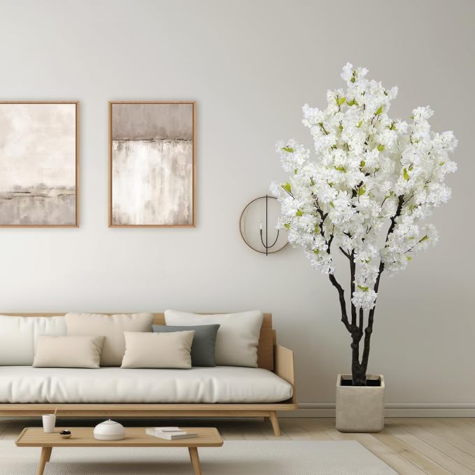 6ft Tall Cherry Blossom Artificial Tree, Handmade White Cherry Tree, Fake Flower Faux Silk Leaves Plant, Artificial Plants for Home Office Indoor Outdoor Party Wedding Christmas Decor