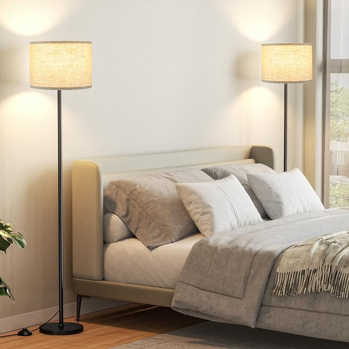 Ambimall 60'' Modern Floor Lamp Set of 2, 2PK Tall Lamps for Living Room Bedroom, Beige Shade with Black Pole(Without Bulb)