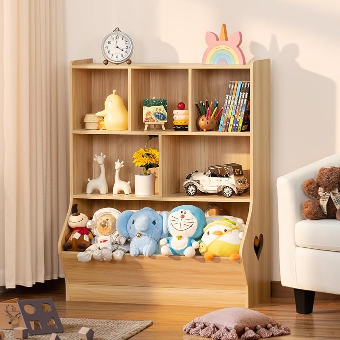 Lerliuo Kids Toy Storage Organizer, 3 Tier Children Small Bookcase and Bookshelf, Toddler 7 Cubby Toy Storage Cabinet, Toy Shelf for Playroom, Bedroom, Living Room, Nursery, School 29.53'' H (Natural)