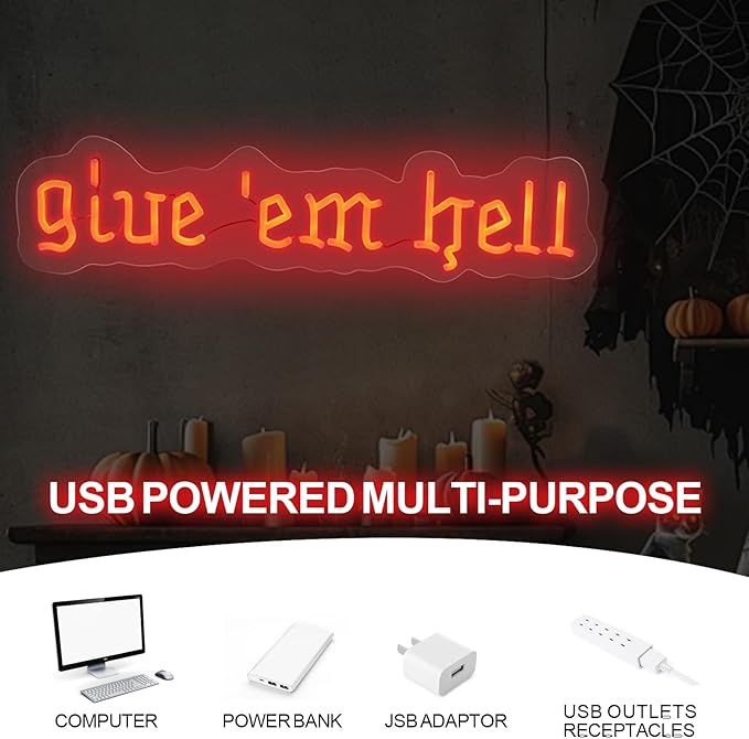 Give Em Hell Neon Sign,Trendy Neon Wall Decor, Dorm Apartment Theme, Funny Girl Power Sign, Gothic Home Decor for Man Cave, Bar,Game Room,Club Decor,Living Room Birthday Party