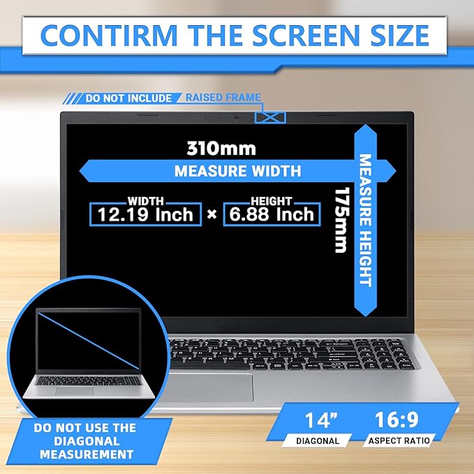 ZOEGAA Magnetic Privacy Screen Laptop 14 Inch, Compatible with HP Dell Xps Acer Asus Samsung Lenovo ThinkPad, for Removable 16:9 Widescreen Display Laptop Privacy Screen and Anti-Glare Protector