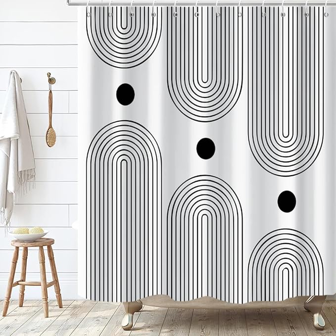 White and Black Shower Curtain, Boho Minimalist Mid Century Modern Arch Geometric Machine Washable Waterproof Fabric for Bathroom Bathtub Decor with Hooks 60Wx72H