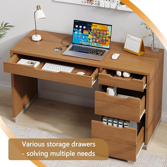 Small Desk with Drawers, 52 Inch Computer Desk with Storage, Home Office Desk with Filing Table for Bedroom, Brown