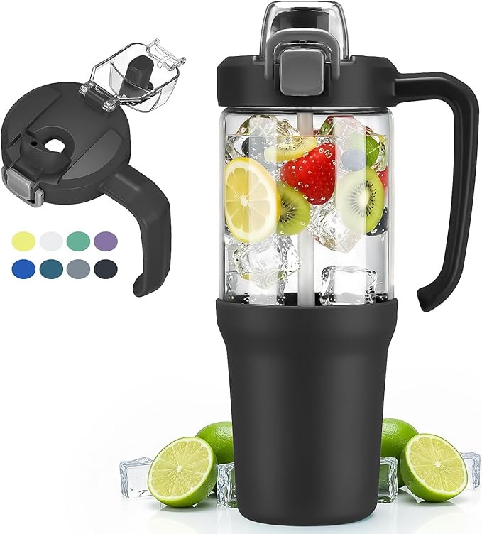 32oz Glass Water Bottle, 2-in-1 Straw and Sip Spout Lid, Leakproof Wide Mouth Tumbler with Handle, BPA-Free Reusable Bottle for Sports, Office, Outdoor, Black