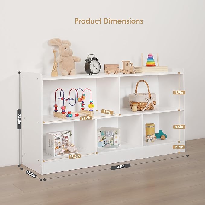 5-Section Wooden Toy Shelf for Kids, Montessori Shelf Storage with Open Shelving & Customizable Layout | Safe, Sturdy Design for Kids Room, Classroom & Playroom White