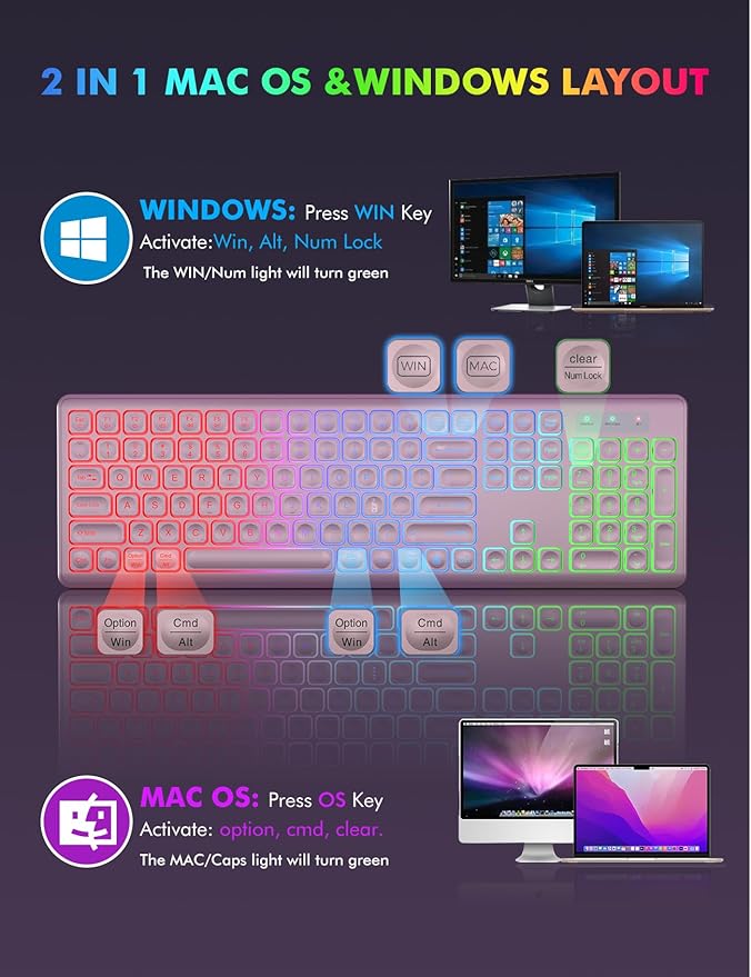 Wireless Keyboard and Mouse Combo, RGB Backlit, Rechargeable & Light Up Letters, Full-Size, Soft Typing, Sleep Mode, 2.4GHz Quiet Keyboard Set for Mac, Windows, Laptop, PC, Trueque (Rose Pink)