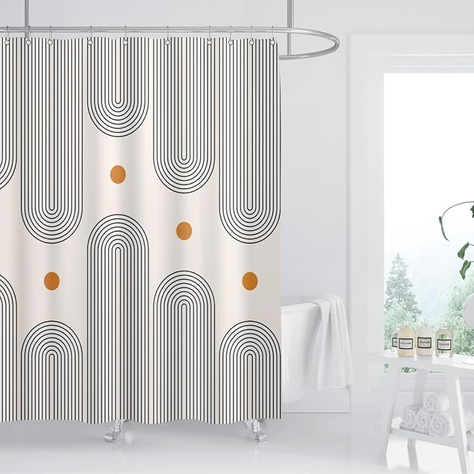 Mid Century Shower Curtain Boho Minimalist Abstract Arch Sun Simple Lines Geometric Modern Beige Bathroom Decor Waterproof Fabric 72Lx60W Inch with 12pcs Plastic Hooks