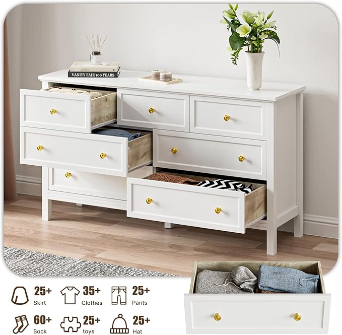 White Dresser for Bedroom with Gold Handle Modern 7 Drawer Dresser, Wood Chest of Drawer Closet Clothes Storage Organizer for Living Room, Hallway, TV Stand, 55 Inch