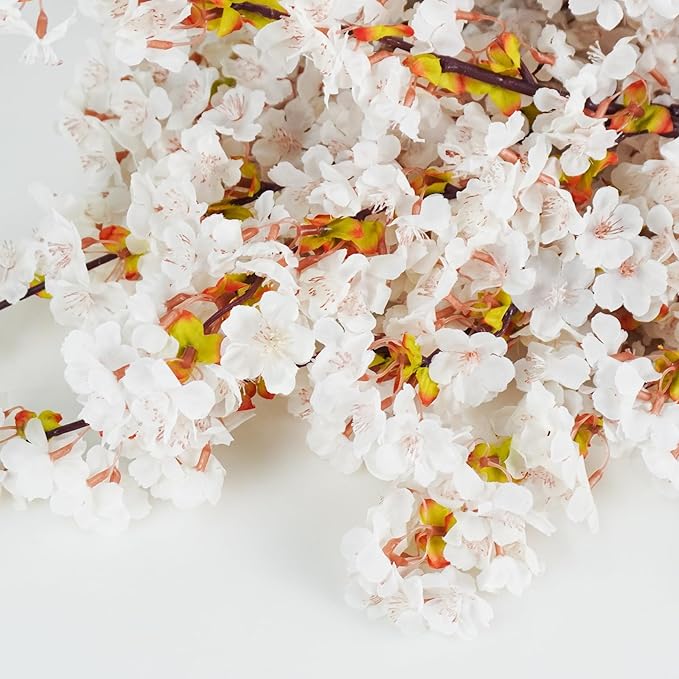 12 Pcs Artificial Cherry Blossom Flowers 40" Faux Silk Cherry Blossom Stems Fake Real Touch Peach Branches for Wedding Home Garden Japanese Decor Ivory White