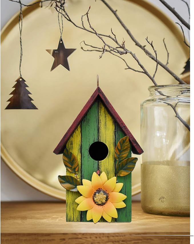 Attraction Design Rustic Decorative Bird House for Outside, Outdoor Hanging Wood Hand-Painted Bird House with Sunflower Decor, Wooden Hanging Garden Birdhouse Porch Yard Decor 9.37"X6.38"X4.25" (Red)