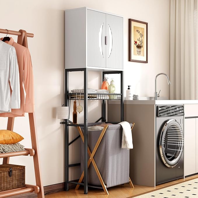 Kalrin Over The Toilet Storage Cabinet with Fluted Wave Doors and Adjustable Shelf, Wood Over Toilet Storage Rack with Drain Basket, Freestanding Bathroom Organizer for Balcony Laundry, White & Black
