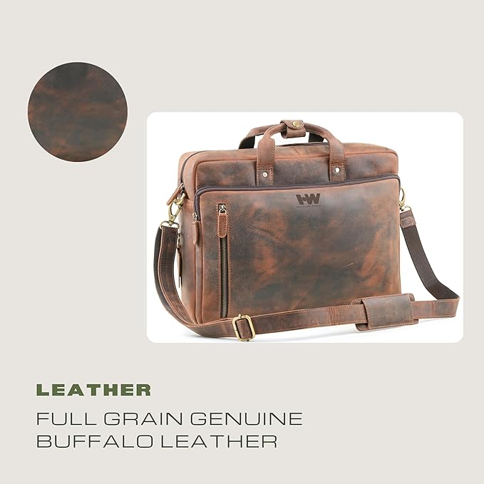 Handmade World Leather Briefcase For Men 'The Contemporary' Fits 17 Inch Laptop Computer Messenger Crossbody Shoulder Bag For Business Travel Office Work