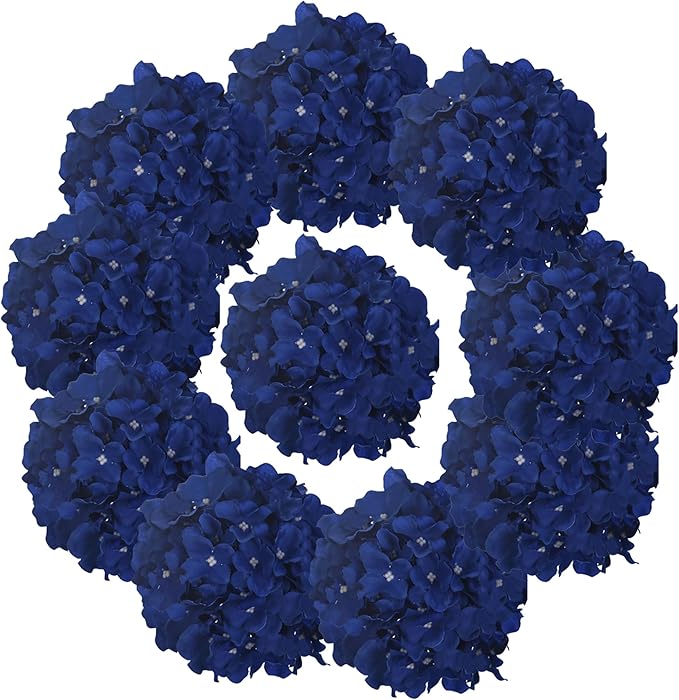 10PCS Silk Hydrangea Heads with Stems Artificial Flowers for Wedding Party Home Decor (Royal Blue)
