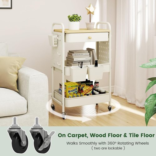 Danpinera Rolling Utility Cart - 3-Tier Craft & Snack Cart with Wheels, Drawer, Hooks & Wooden Top - White