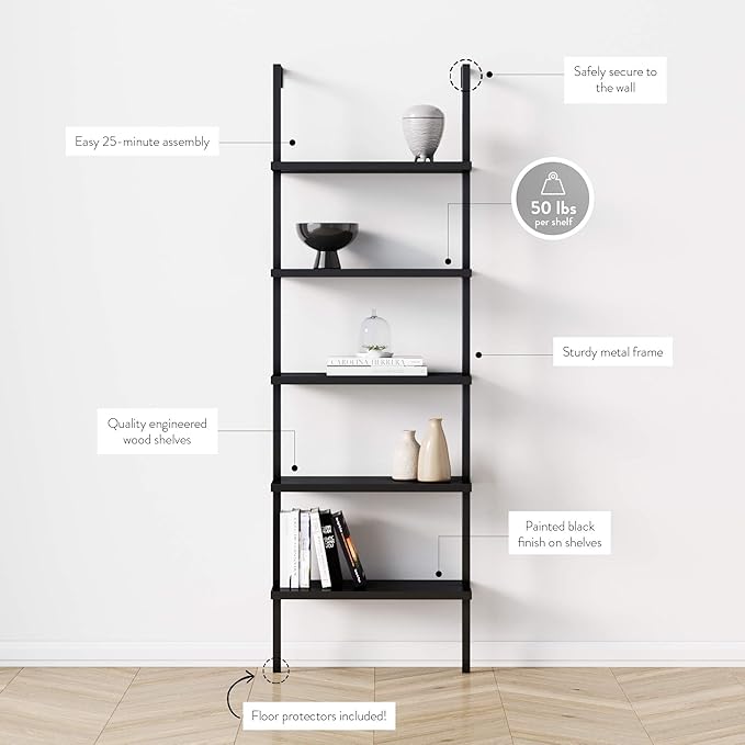 Nathan James Theo 5-Shelf Black Modern Bookcase, Open Wall Mount Ladder Bookshelf with Industrial Metal Frame