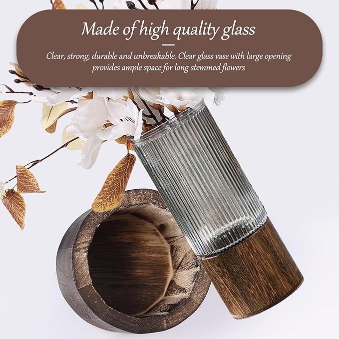 Wooden Vase, Glass Vase with Wooden Base Cylindrical Flower Vase, Classic Boho Rustic Style for Fireplace Bedroom Kitchen Living Room Centerpieces Office Desk, 10" H (Vertical Grain)