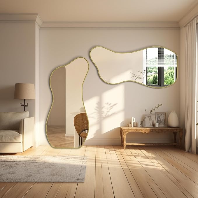 Large Irregular Wall Mirror, 63"x30" Asymmetrical Aesthetic Floor Mirror with Gold Metal Frame, Modern Organic Shaped Mirrors for Living Room Bedroom Hallway Entryway, Hanging or Leaning