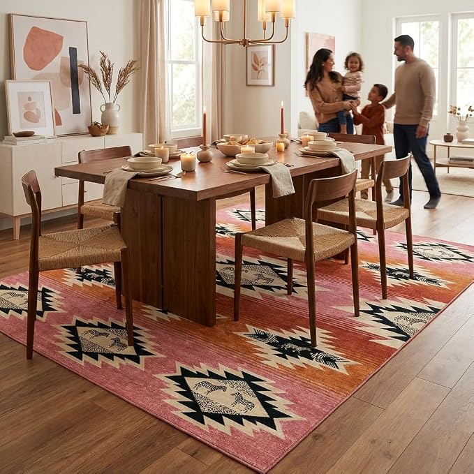 5x7 Area Rugs for Living Room: Blush Pink & Terracotta Tribal Southwestern Zebra Geometric Area Rug Washable Non-Slip Backing for Living Room Bedroom Leisure Area Decor