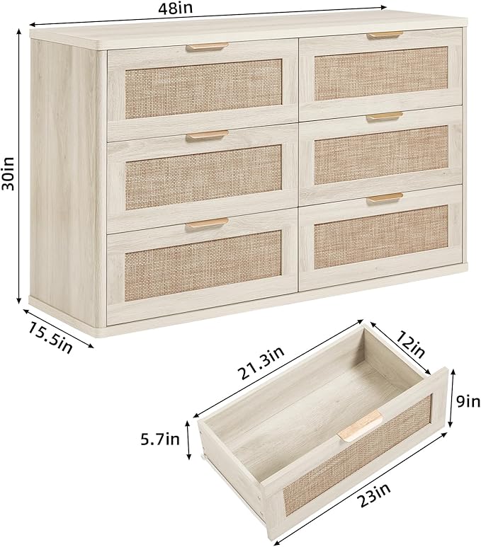 LEYAOYAO Rattan Dresser for Bedroom Set of 2, Boho 48" Wide White Dresser Chest of Drawers, Dressers TV Stand with Metal Handle, Storage Dressers Closet Organizer for Living Room, Hallway