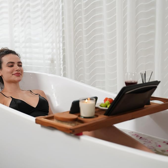 Utoplike Teak Bathtub Caddy Tray Bath Tray for Tub, Unique Bathtub Organizer with Book Tablet Wine Glass Cup Towel Holder, Adjustable, for Your Loved
