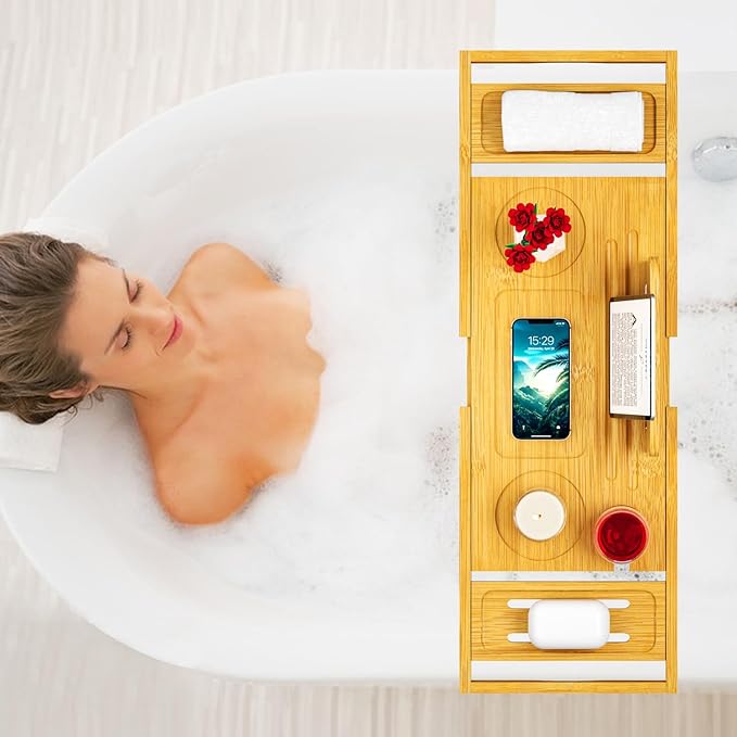 Bathtub Tray Caddy - Bath Tray - Bath Tub Tray Caddy - Bamboo Bath Table Tray for Tub - Expandable Size, Fits Most Tubs