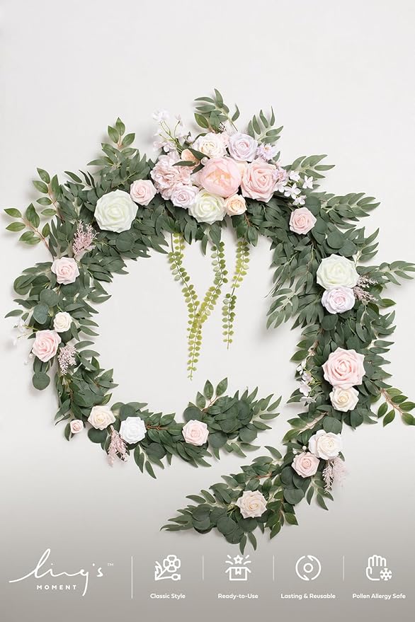 Ling's moment 9FT Flower Garland for Backdrop Decorations - Wedding Arch Flowers, Eucalyptus & Rose, Artificial Floral Garland for Mantle - Sweetheart Table Decor for Ceremony Reception, French Pink