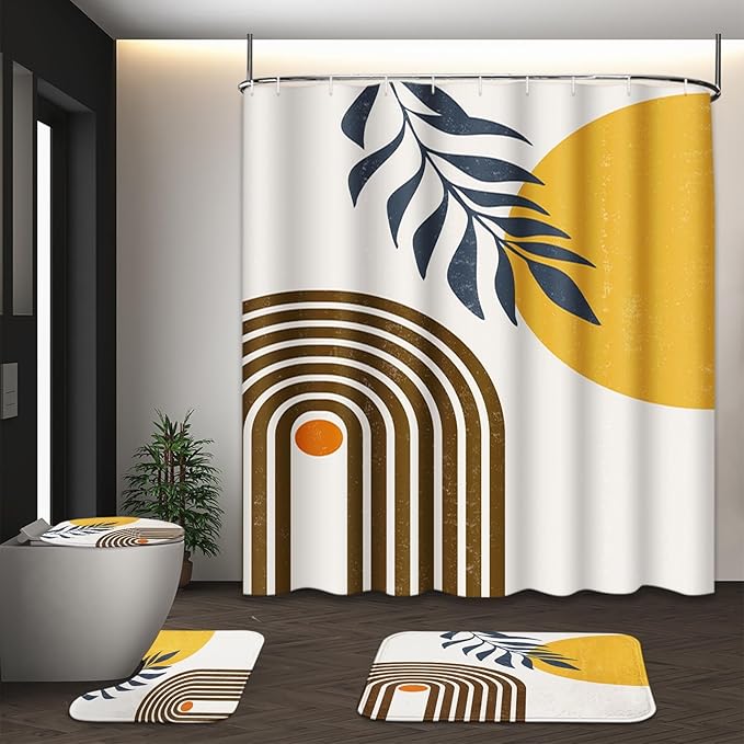 Boho Mid Century Shower Curtain Set with Toilet Lid Cover and Non-Slip Rugs, Modern Abstract 4 Pcs Yellow Sun Minimalist Shower Curtain for Bathroom Set with 12 Hooks