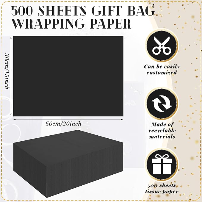 Qilery 500 Sheets Christmas Black Tissue Paper Bulk for Gift Bags 15 x 20 Inch Acid Free Packaging Wrapping Paper Sheets for Gothic Christmas Decor DIY Crafts, Birthday Party, Shipping Packing