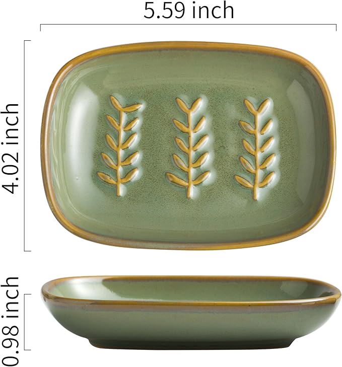 Miamolo Soap Dish Soap Holder Shower, Ceramic Soap Dishes for Bar Soap Sponge, Shower Soap Dish Soap Saver Tray for Bathroom Kitchen Sink, Easy to Clean, Green