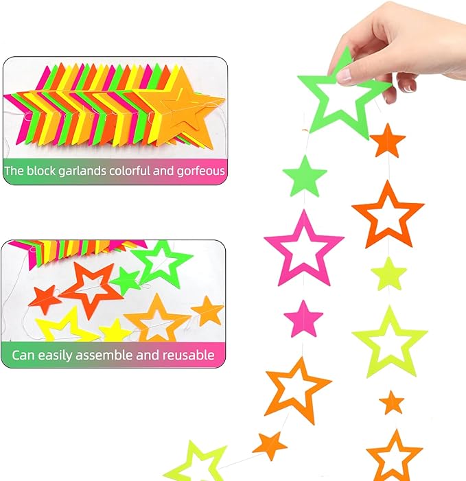 102feet Neon Paper Garland Streamers Hollowed Star Black Light Decorations Glow Party UV Reactive Favors in The Dark Supplies for Wedding Birthday Garlands
