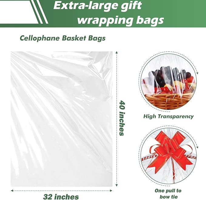 50 Packs 32 x 40 Inches Extra-large Cellophane Bags for Basket Jumbo Clear Cellophane Wraps Clear Huge Cello Bags for Baskets, Gifts, Christmas Trees, Treats, Arts and Crafts, 50ct Ribbon Bows