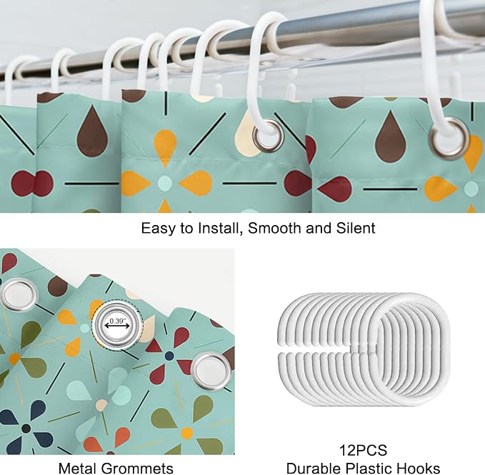 APROPHIC Mid Century Retro Shower Curtain 72x72 Inches, Vintage Geometric Pattern Bathroom Curtain with Hooks, Waterproof Polyester Fabric for Bath Shower, Machine Washable Home Decor for Bath, Green