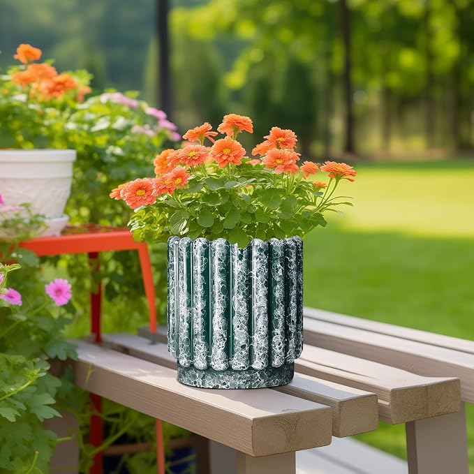 Ceramicfor Ceramic Flower Pots 7.6 Inch - Ceramic Planters for Indoor Outdoor Plants, Decorative Plant Pot with Drainage Hole, Round Fluted Planter, Home Room Decor, Housewarming Gifts, Green