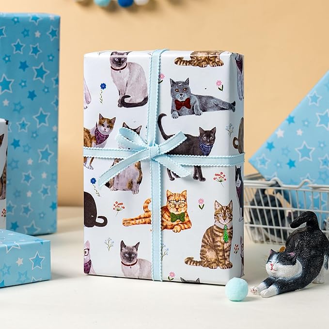 Burymento White Lovely Cat Wrapping Paper, Reversible Blue Star Gift Wrap for Birthday, Valentines, Mothers day, Graduation, Wedding, Fathers day, Baby Shower, Christmas (17in x 16.4ft)