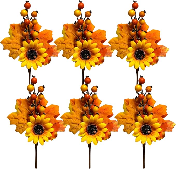6 Pack Fall Stems Artificial Berry Picks Fall Picks with Sunflowers Maple Leaves Branches Decorations for Harvest Autumn Thanksgiving Day Flower Arrangements Wreaths Indoor Outdoor Home Decor