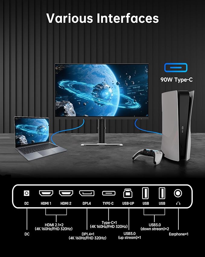 KTC 27 Inch Gaming Monitor 4K, Dual Mode UHD 160Hz & FHD 320Hz, PD 90W Type-C, HDR 400, Fast IPS, 125% sRGB, Adaptive Sync, HDMI 2.1&DP 1.4, Eye Care, Tilt/Swivel/Pivot/Height Adjustment, VESA, H27P6