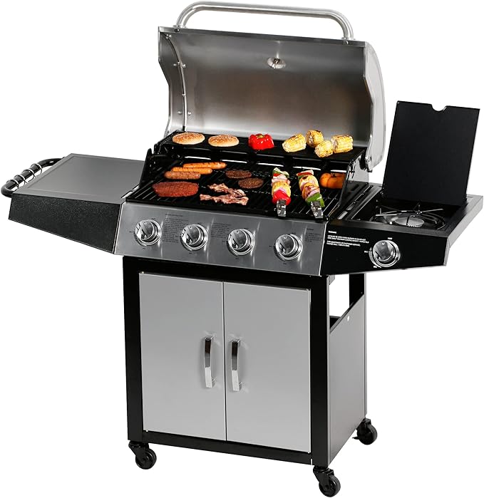 MASTER COOK 4 Burners Gas Grill, 518 Sqin Cooking Area, 52,000 BTU Propane Grill with Side Burner, Stainless Steel Cabinet Grill, Silver & Black