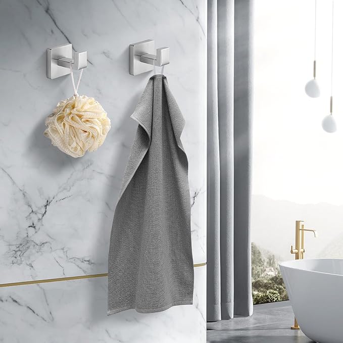 Heavy Duty Stainless Steel Towel Hooks, Wall Mounted Square Robe Hooks for Bathroom, Kitchen, Bedroom, Hotel Brushed Nickel 2 Pack