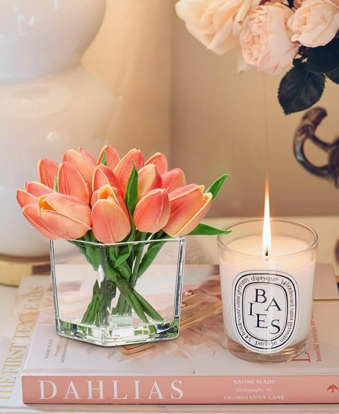 DILATATA Artificial Peach Tulips in Vase with Faux Water 5.5" Real Touch Flowers Fake Tulips Small Flowers Arrangement in Cube Glass Vase for Mother's Day Table Centerpiece Wedding Home Decor