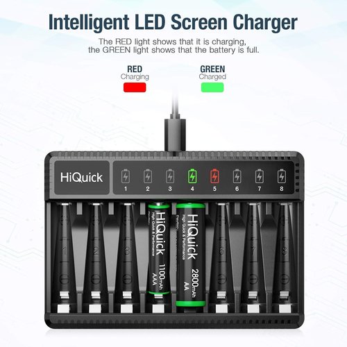 HiQuick 8-Bay Smart Charger - Fast Charging with 4 x 2800mAh AA & 4 x 1100mAh AAA Rechargeable Batteries