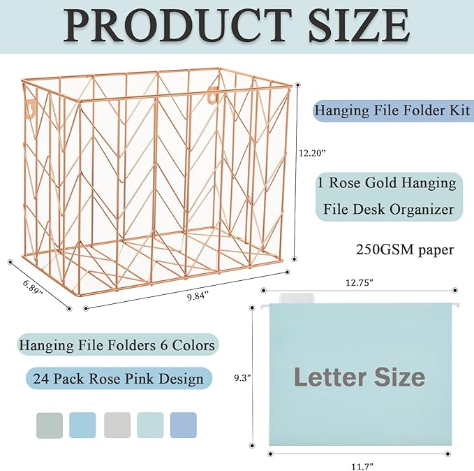 Beramon Hanging File Folder Kit Includes 1 Rose Gold Hanging File Desk Organizer and 20 Pack Hanging File Folders Letter Size with 1/5 Cut Tabs Design for School Office Home Supplies, Blue Design