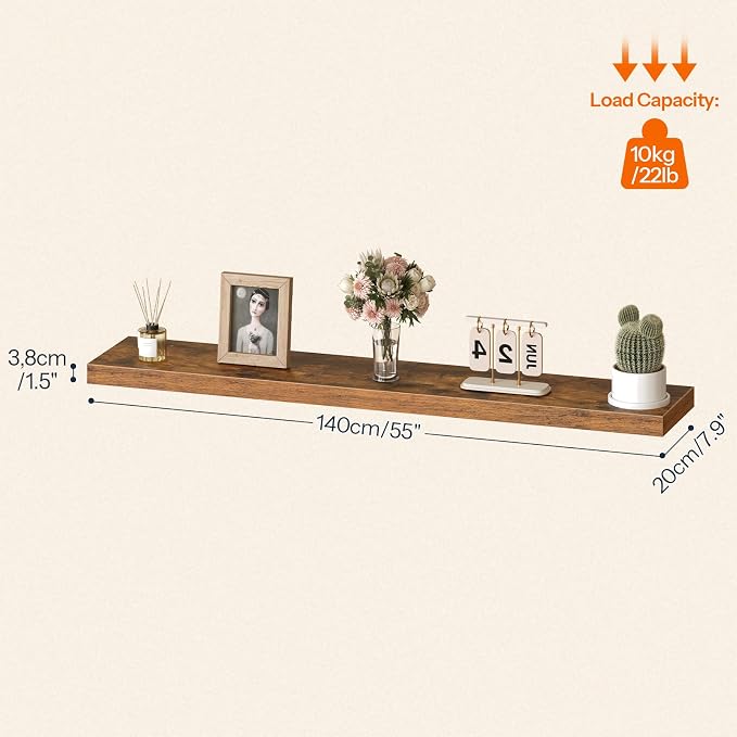 HOOBRO Floating Shelves for Wall, Wall Mounted Shelf Set of 2, 55" Hanging Shelf with Invisible Brackets, for Wall Storage in Bathroom Bedroom Kitchen Living Room Office, Rustic Brown BF140BJP201