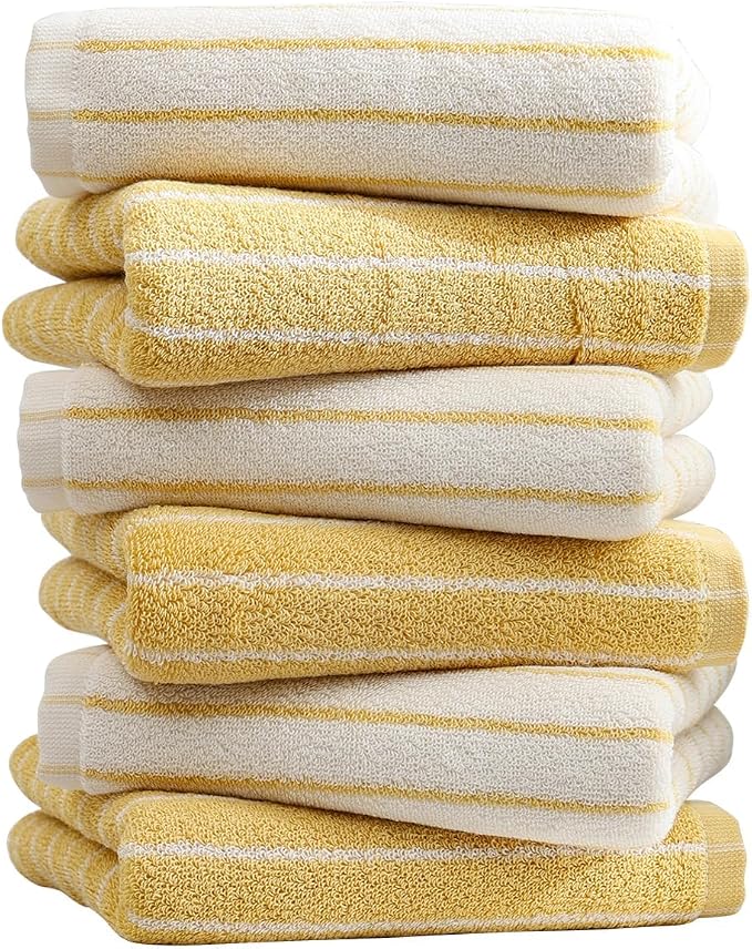 6-Pack Stripe 100% Cotton Hand Towels, Vintage Bathroom Decor, Ultra-Absorbent & Quick-Drying Face & Hand Towel for Adults Kids, Yellow and White Stripe