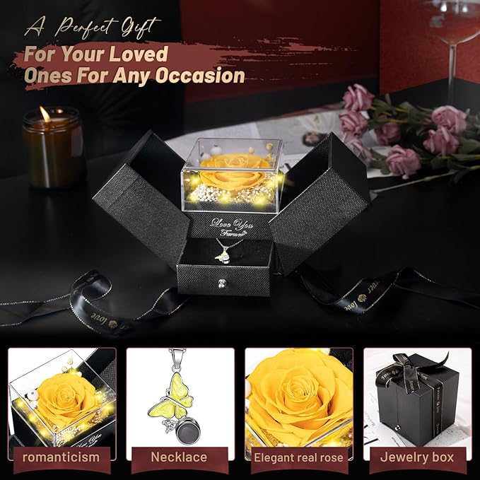 DRTINA Preserved Yellow Real Rose with I Love You Butterfly Necklace-Eternal Flowers Rose Birthday Gifts for Women Wife Mom Girlfriend Grandma on Mothers Day Valentines Anniversary Christmas Romantic