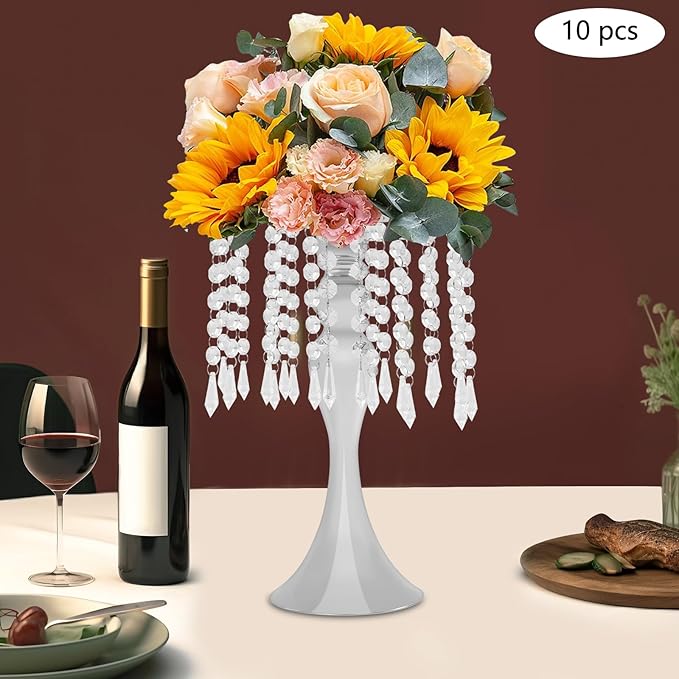 10 Pcs Glam Crystal Flower Stands, Wedding Reception Decorations with Sparkling Crystal Beads Table Center Display Flower Arrangement Flower Stand Metal Vase for Event Decor (Silver, Height:13.77in)