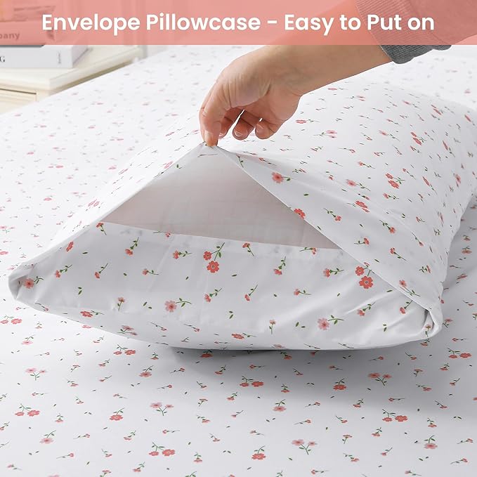 Softan Pink Floral Full Sheet Set Flower Printed Bed Sheets Double - 4 Piece Microfiber Patterned Fitted Bed Sheets with 15" Deep Pocket & Straps, Cozy Cute Pink Sheets and Pillowcase Set