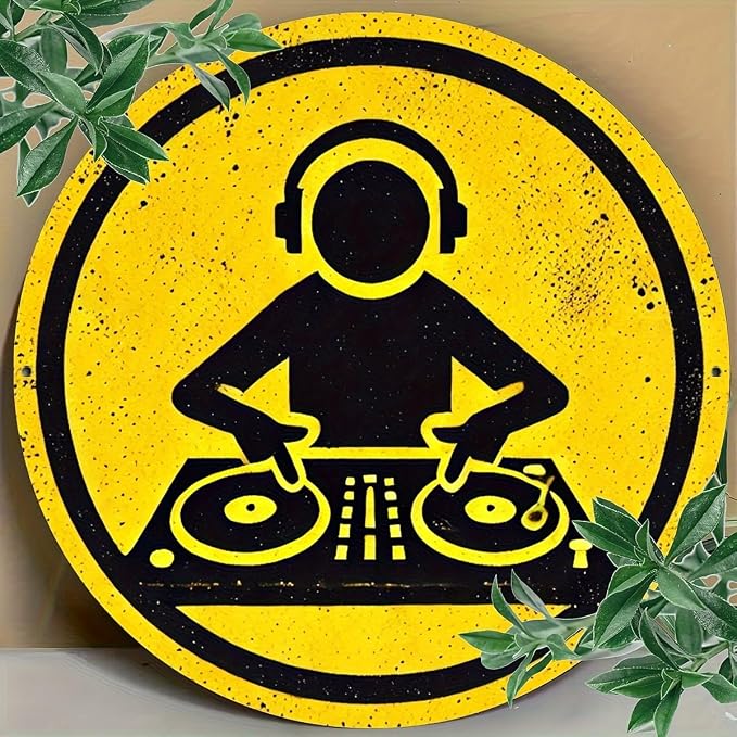 Vintage DJ Themed Iron Sign, 7.98x7.98 inches, Circular Wall Art, Multipurpose Home/Room/Restaurant/Bar/Café/Garage Decor, Wall Hanging, No Electricity Needed