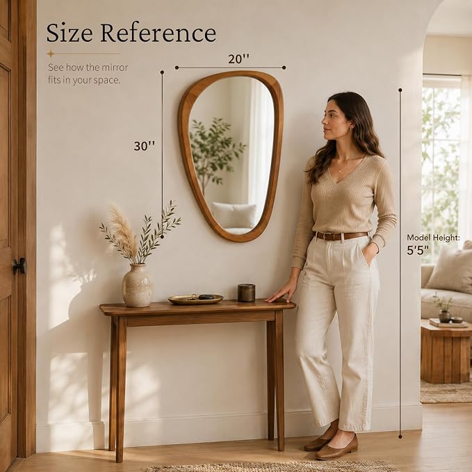 Solid Wood 30"x20" Irregular Asymmetrical Mirror, Japandi Boho Organic Shaped Decorative Accent Mirror, Small Natural Honey Walnut Wooden Wall-Mounted Mirror, Warm Walnut